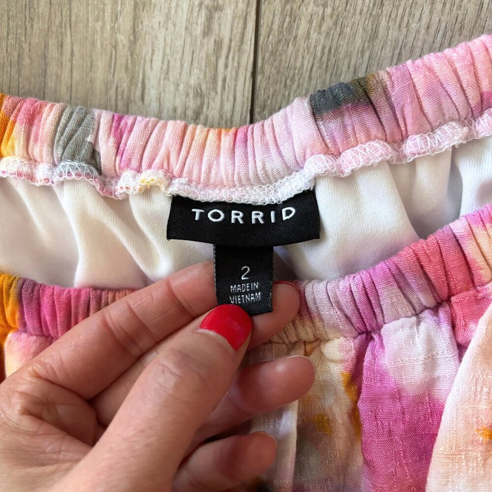 Torrid Multi Watercolor Tie-Dye Off-Shoulder Ruffled Neckline Top Size 2X Boho - Picture 3 of 11